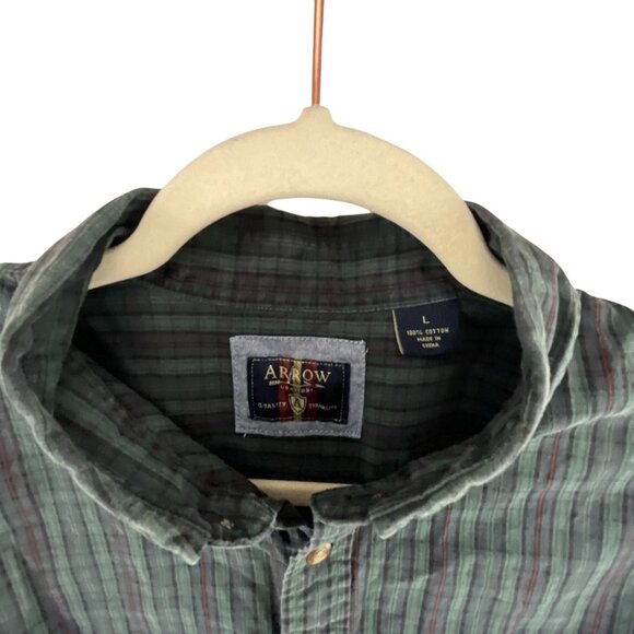Arrow Mens Button-Down Long Sleeve Plaid Shirt L Gray 100% Cotton Preppy Dressy - Picture 2 of 10